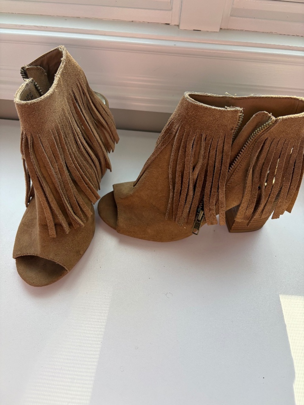 Fringe peep toe bootie